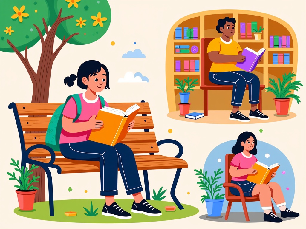 An illustration showing a montage of diverse individuals (different ages, ethnicities, abilities) each engrossed in reading a poetry book in various cozy settings (park bench, library corner, window seat).