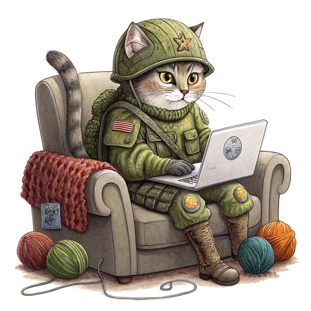 A sticker depicting a cat dressed in military attire, perched on a couch with a laptop, surrounded by yarn balls and toys, blending the concepts of remote work and playful command.