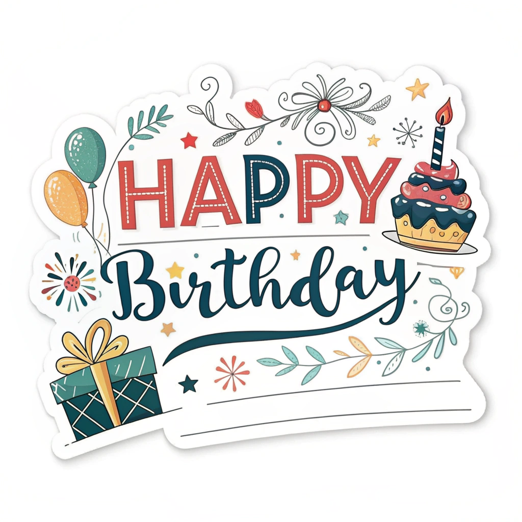 A sticker with 'Happy Birthday' in a festive font, with a blank space to write in the age.