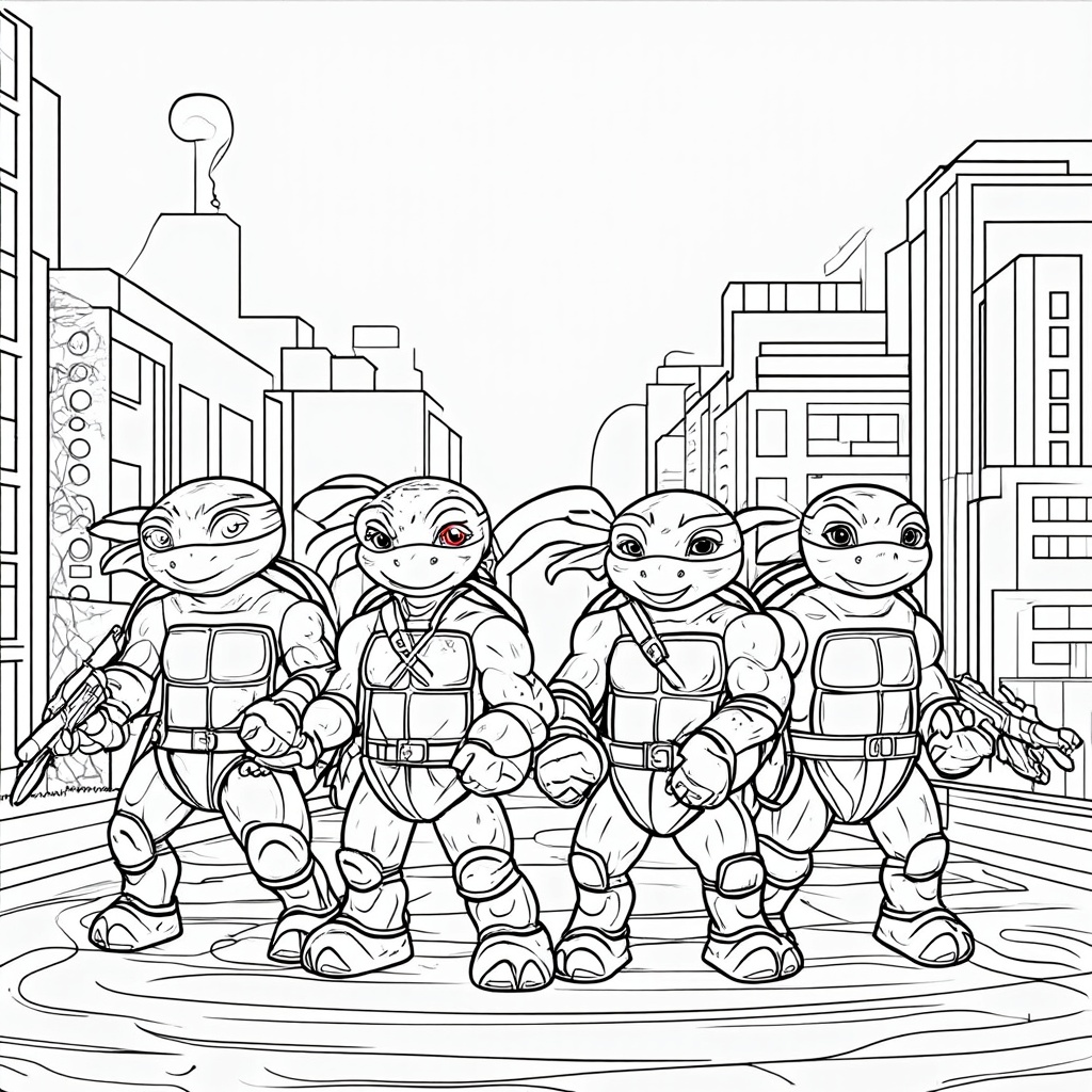 The image shows four teenage mutant ninja turtles standing in front of a cityscape, each holding a weapon in their hands. The turtles are wearing their signature masks and brightly colored bandanas, and the cityscape behind them is filled with tall buildings and a bright blue sky. The image is a free printable coloring page, perfect for kids to enjoy.