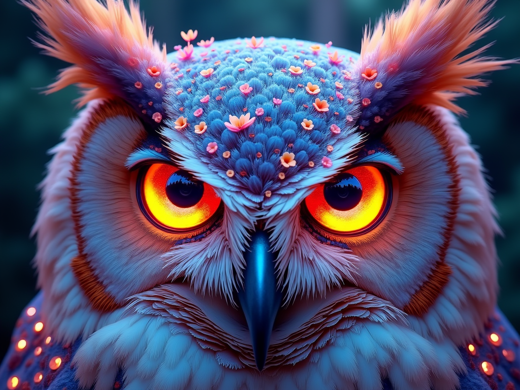 A front-facing close-up of the owl's face, where its feathers are intricately designed with tiny, blooming flowers and subtle kinetic energy patterns. Its eyes could be large, reflective lenses showing a miniature EDC crowd or stage. The overall feel should be mystical and mesmerizing, focusing on the 'bloom' aspect within the owl itself.
