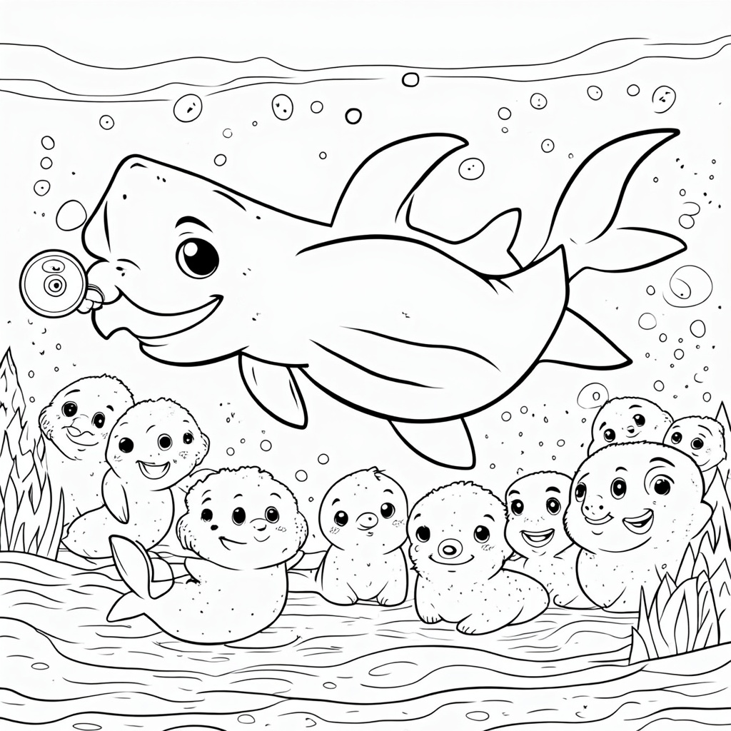 Silly baby shark blowing on a conch shell, bubbly tones reverberating, as a group of playful seals dance to its music.