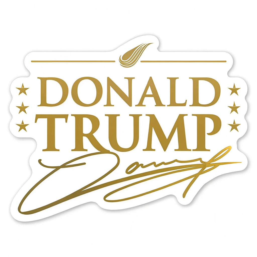 A sticker featuring Donald Trump's signature in a bold, gold font.