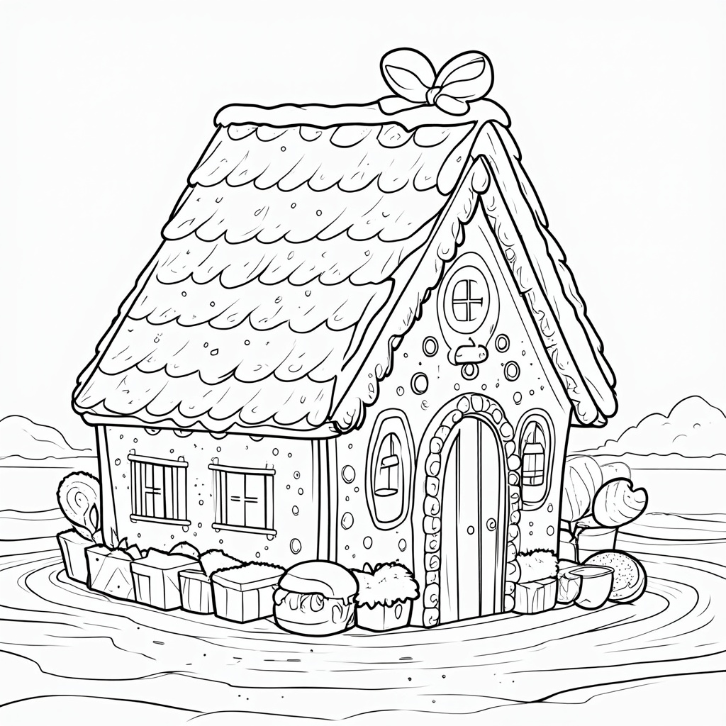 A gingerbread house with candy canes, gumdrop roof, and frosting decorations, surrounded by a snowy landscape.