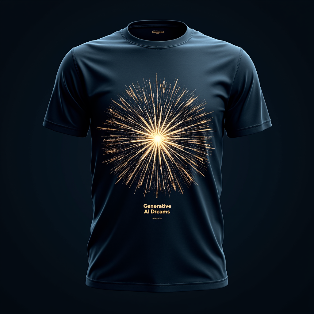 T-Shirt Idea 3 (Neural Network Bloom): A dark T-shirt with a bright, glowing diagram of a neural network whose nodes and connections organically grow outwards into intricate floral or fractal patterns, representing AI's creative output. Text: 'Generative AI Dreams'.