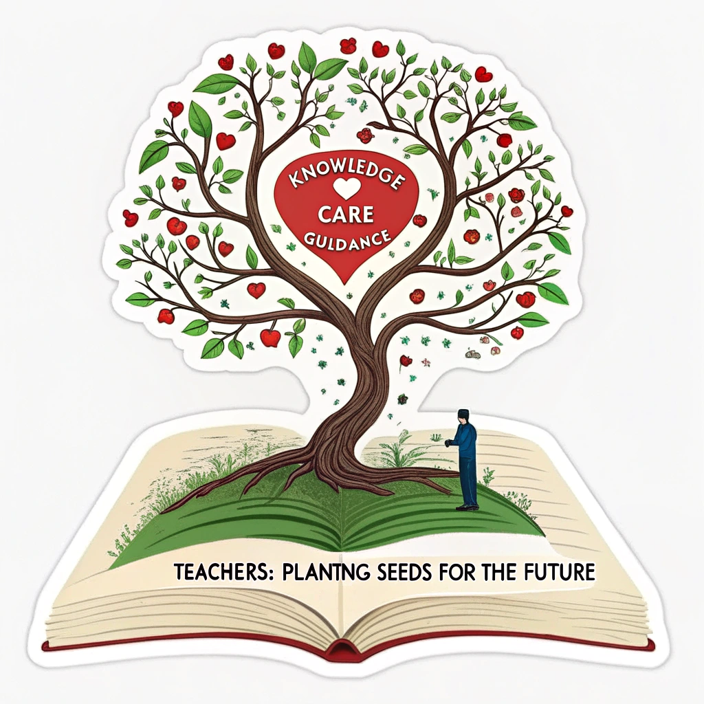 An open book with a vibrant tree growing from its pages, its branches forming a subtle heart shape. The roots of the tree are intertwined with words like 'Knowledge', 'Care', 'Guidance'. The main slogan 'Teachers: Planting Seeds for the Future' is positioned neatly at the bottom.