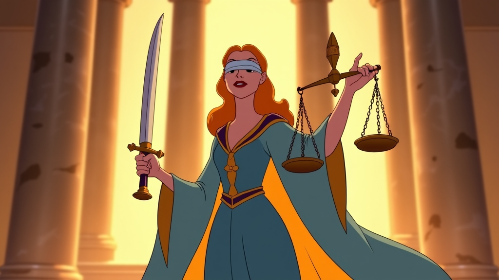 Lady Justice animated, blindfolded and holding a shining sword aloft. Her scales are artistically depicted, with part of their weight represented by cartoon weights labeled 'Truth' and 'Justice'.