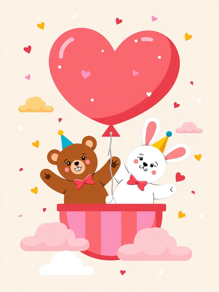 A whimsical illustration with cute animal characters (e.g., bears, rabbits) enjoying a Valentine's Day ride in the heart-shaped balloon.