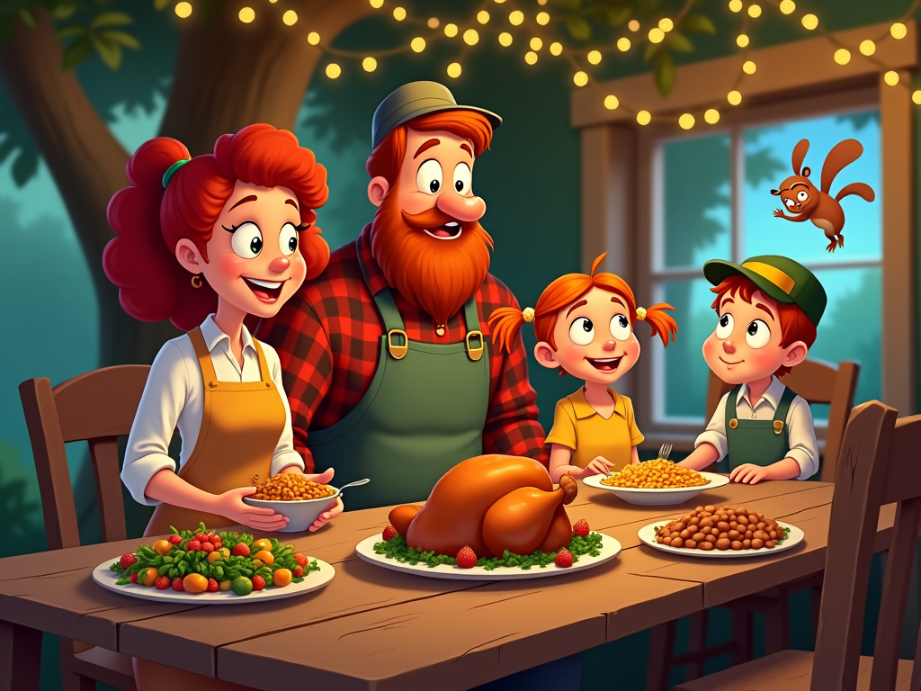 A quirky cartoon family enjoys a Thanksgiving dinner in a treehouse, the table set with golden fairy lights twinkling in the background. The meal of rotisserie chicken, pear salad, and fresh-baked beans invites forest critters peeping from the windows, portrayed as wide-eyed birds and squirrels, sharing the family's bounty.