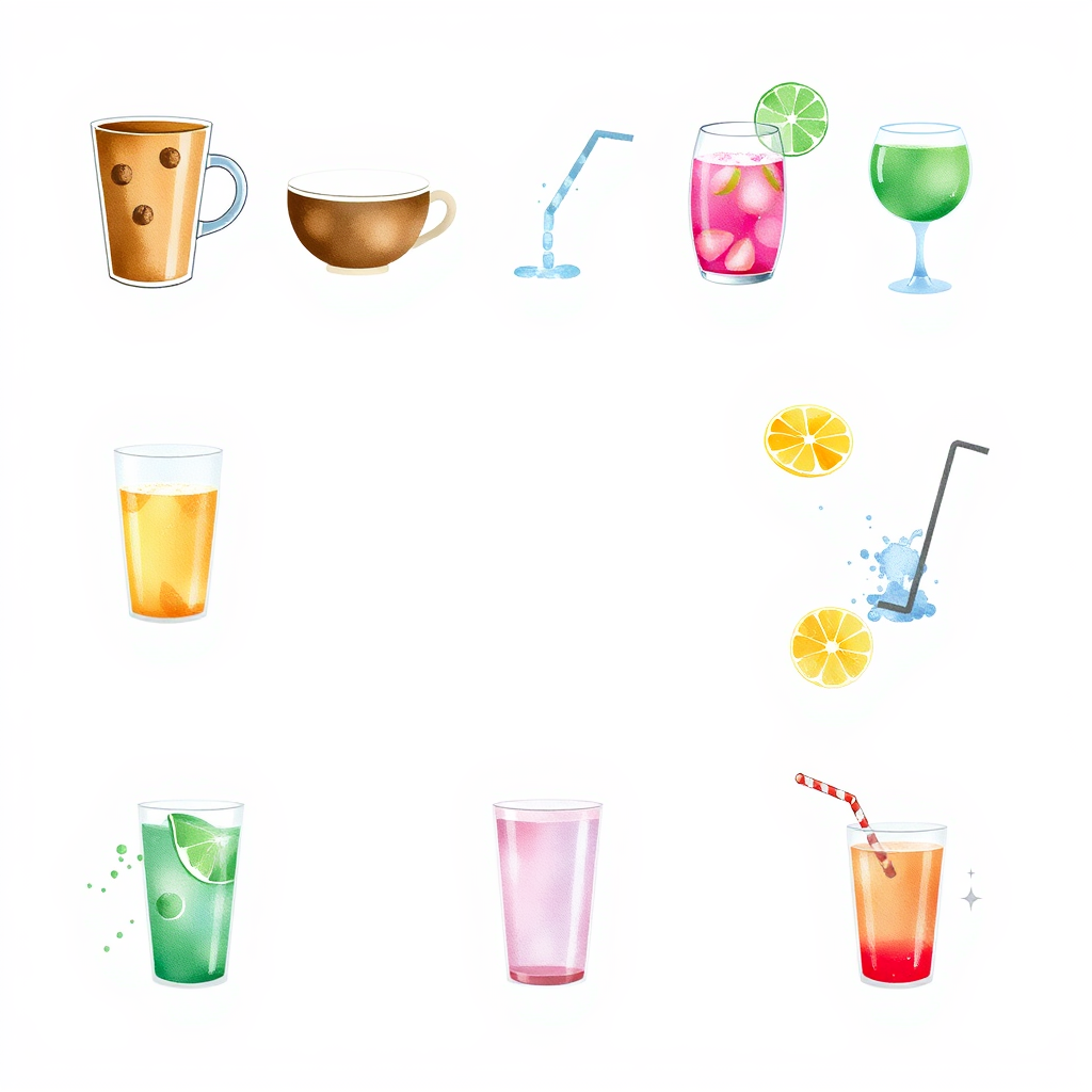 Sub Design Idea 5: A cohesive icon set where each beverage type is represented by a distinct watercolor palette (e.g., warm earthy tones for coffee, cool blues and greens for refreshing drinks, vibrant pinks and oranges for juices).