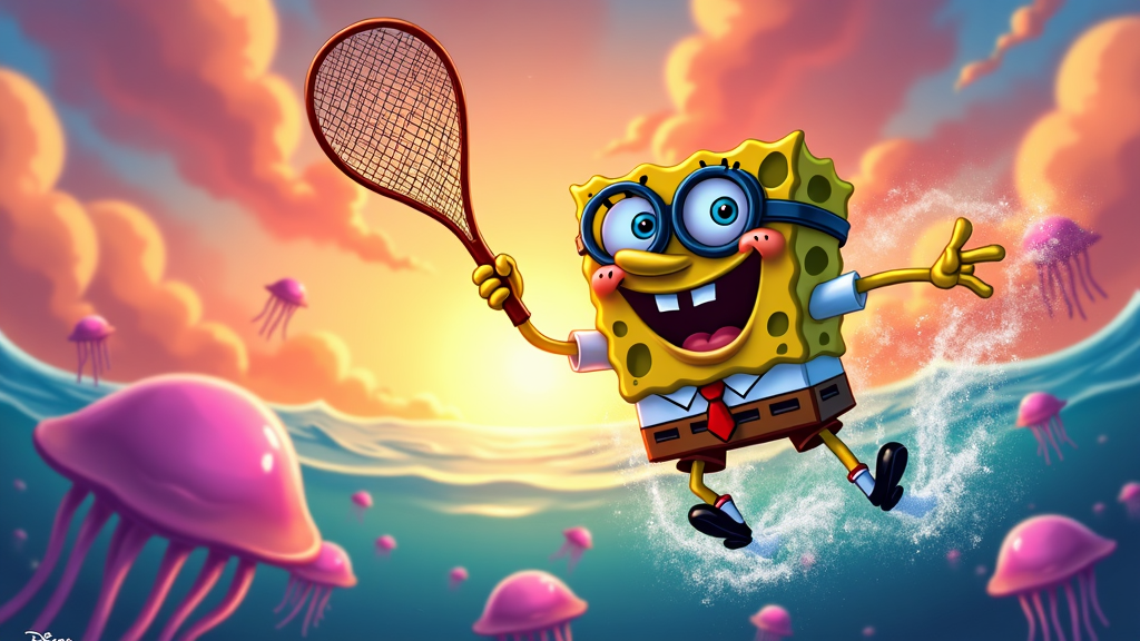 SpongeBob wearing his jellyfishing net and goggles, chasing jellyfish in a vibrant Jellyfish Fields sunset.