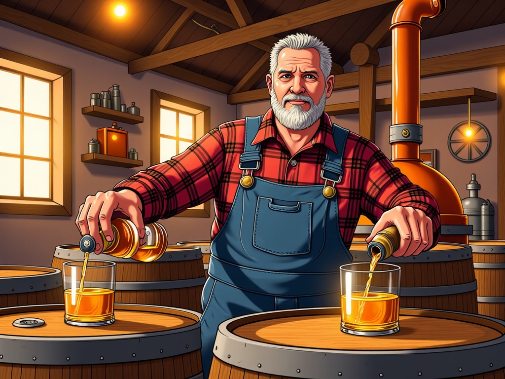  an elderly man with a white beard and mustache, wearing a blue apron and a red plaid shirt. He is standing in a room with wooden barrels and a large orange pipe in the background. The man is pouring a golden-colored liquid from a bottle into a glass on top of one of the barrels. There are several other barrels and bottles on the shelves behind him. The room appears to be a distillery or a winery, with a high ceiling and wooden beams. The overall atmosphere of the image is rustic and cozy.