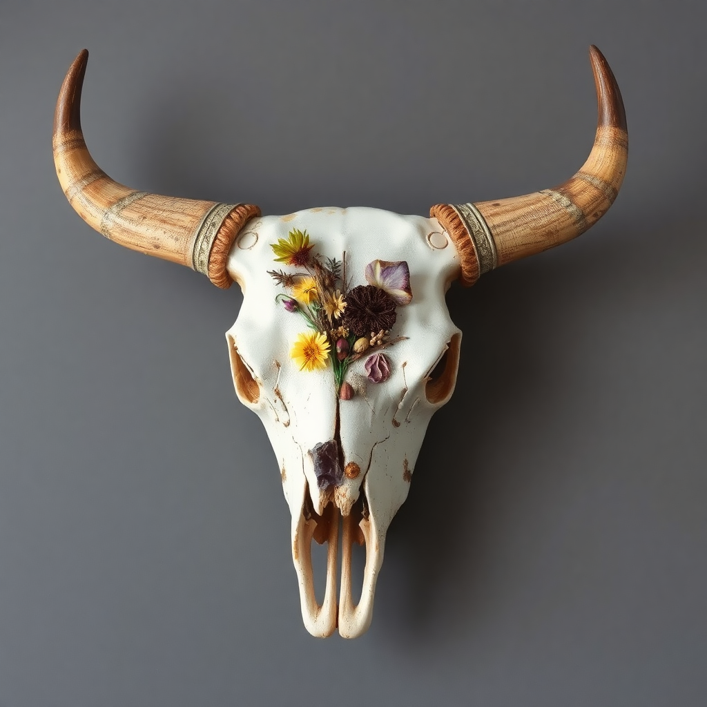 A mixed-media piece featuring a bull skull with embedded natural elements like dried flowers, twigs, or crystals, creating a textural, earthy artwork.