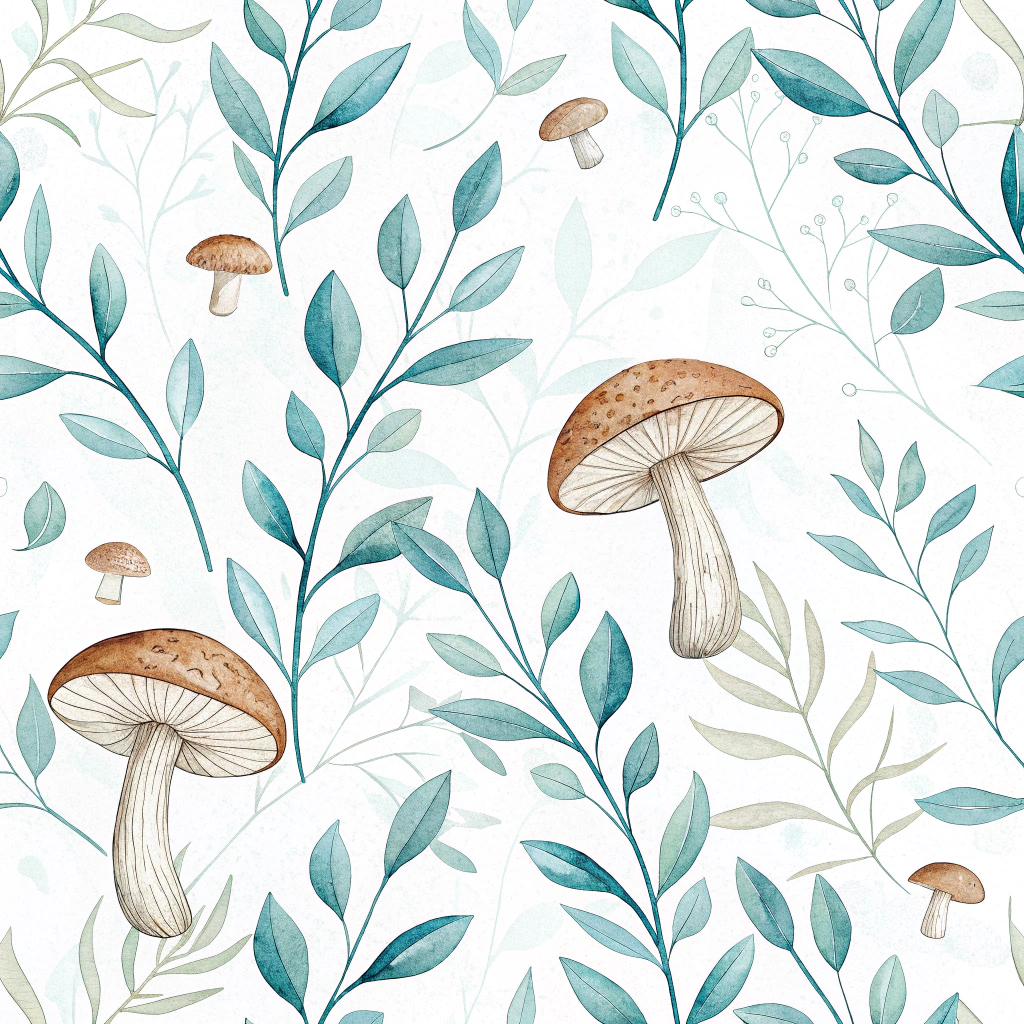 An illustrative pattern showing delicate, sheer leaves intertwined elegantly with mushrooms amidst a watercolor wash.