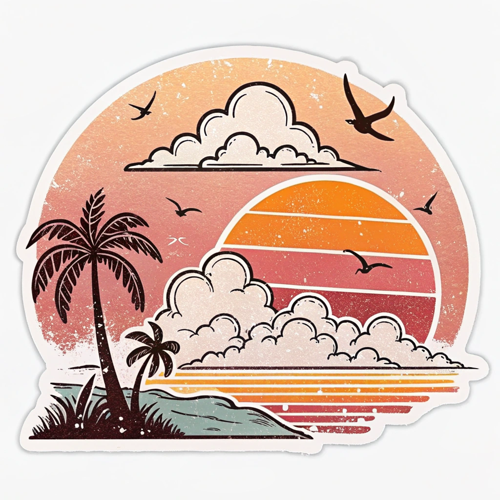 The image is a circular sticker with a colorful illustration of a tropical scene. The background is a gradient of orange, pink, and yellow, with a large orange sun in the center. The sun is surrounded by white clouds and there are several birds flying around it. On the left side of the image, there are two palm trees and a small island with palm trees. The island is covered in green grass and there is a body of water in the bottom right corner. The overall style of the illustration is vintage and cartoon-like.