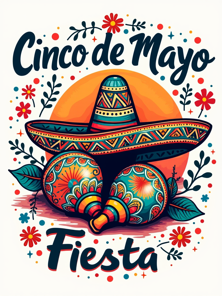 Design Idea 3: 'Sombrero & Maracas Folk Art Fusion' - Incorporate a sombrero and maracas into a design inspired by traditional Mexican folk art (e.g., Otomi embroidery or Talavera pottery patterns). Use intricate patterns, florals, and animals around the central elements. The text 'Cinco de Mayo Fiesta' in a font that complements the folk art style.