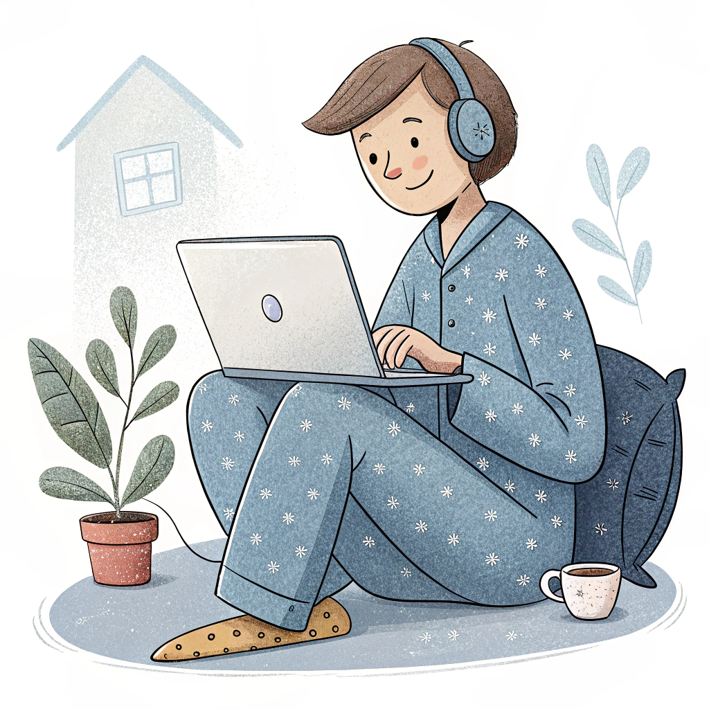 A relaxed figure working on a laptop in pajamas, symbolizing the comfort of remote work.