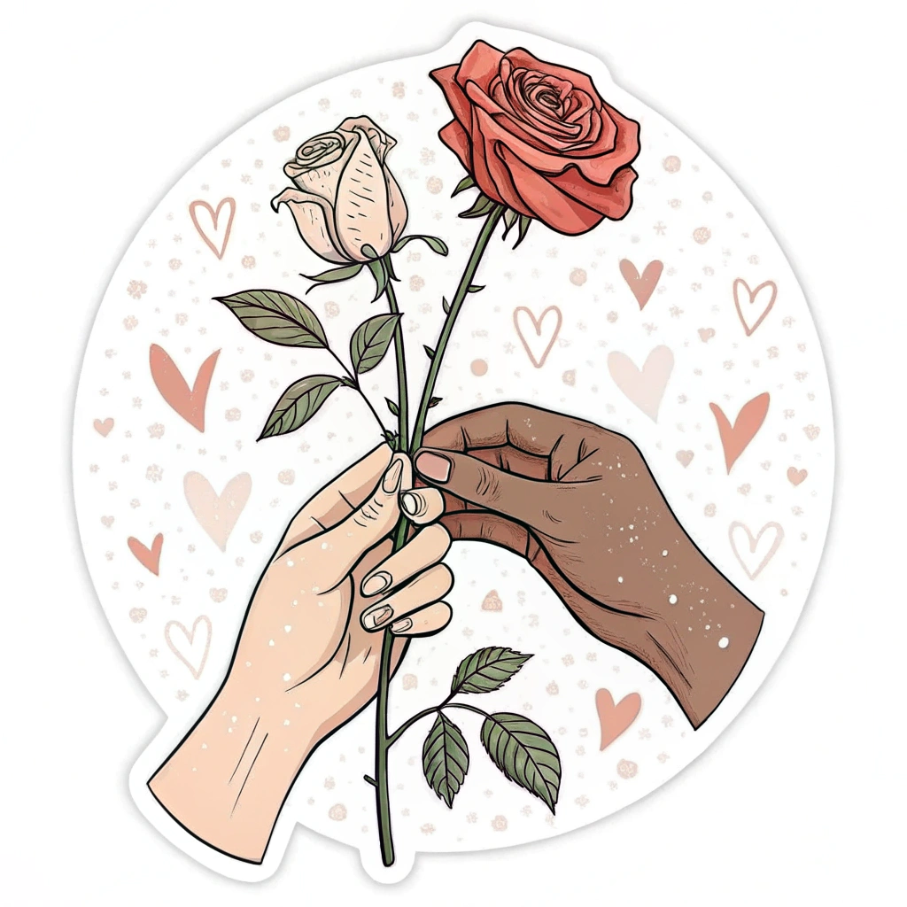 A sticker depicting two hands holding a single blooming rose, with subtle heart-shaped patterns in the background.