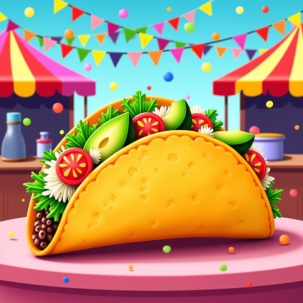 The image is a digital illustration of a taco on a pink table. The taco is yellow in color and is filled with various ingredients such as lettuce, tomatoes, avocado, and black beans. The background is a blue sky with colorful bunting flags hanging from the ceiling. There are two red and yellow striped tents on either side of the table, and a blue bottle of condiments on the counter. The overall theme of the image is Mexican food.