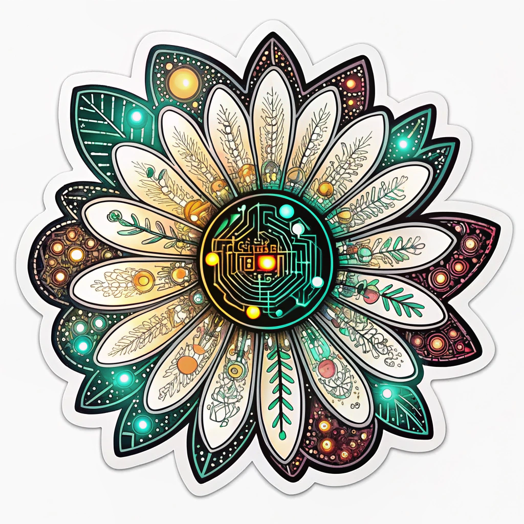 Digital Glitch Flora: A glowing daisy mandala incorporating 'glitch art' elements, with fragmented, pixelated light effects to symbolize electronic music.