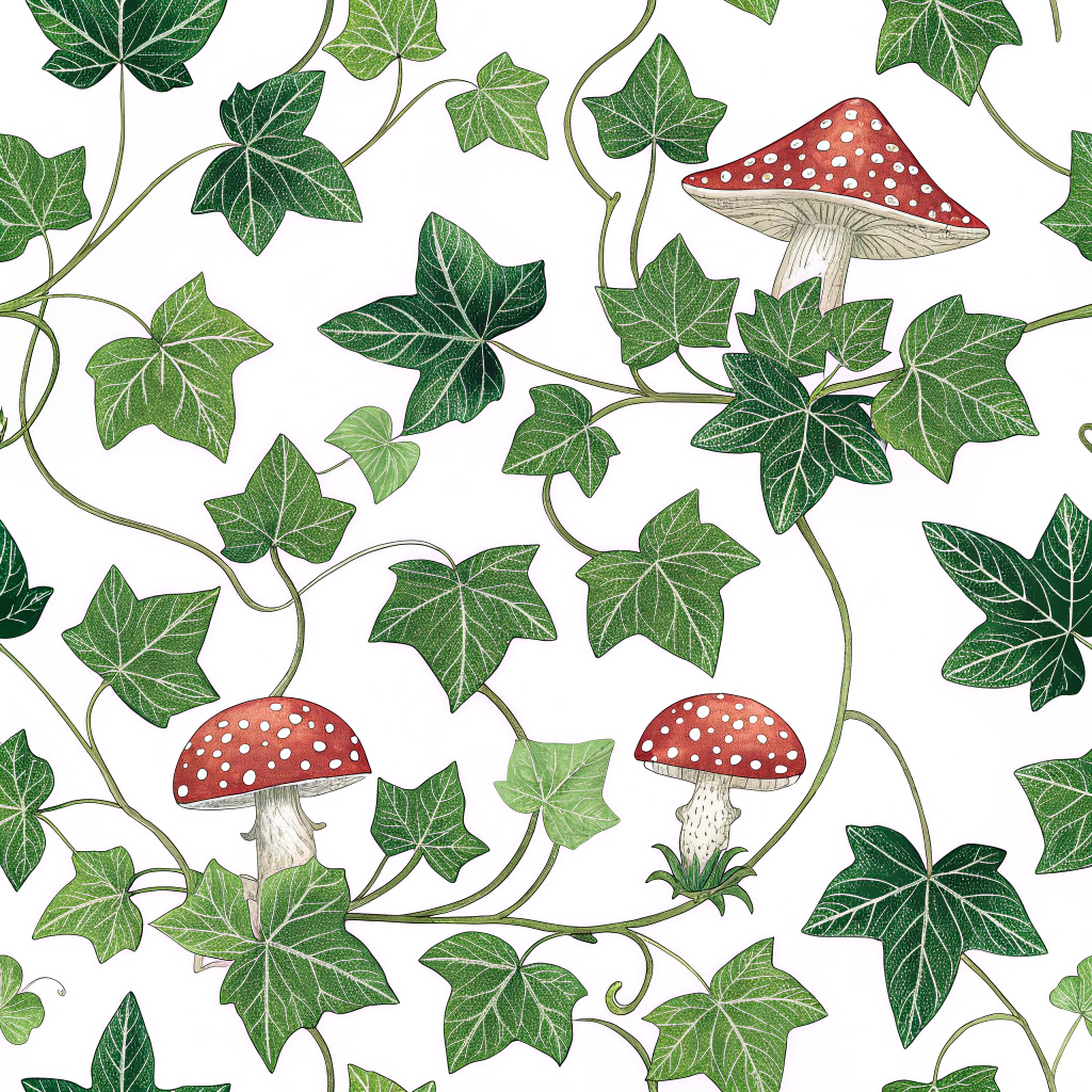 A detailed pattern showing green ivy leaves curling around whimsical, toadstool mushrooms.