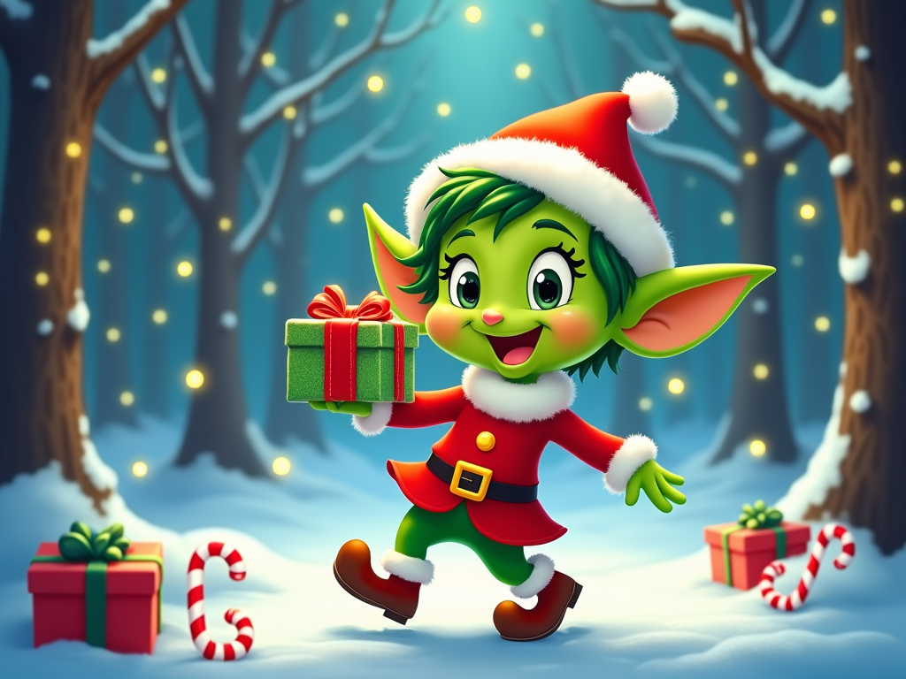 The image is a digital illustration of a cute Christmas elf in a snowy forest. The elf is wearing a red Santa hat with a white pom-pom on top and a red coat with a gold buckle. It has green hair and is holding a green gift box with a red ribbon in its hand. The background is filled with trees covered in snow and there are several gift boxes scattered around the ground. There are also two candy canes on either side of the elf. The overall mood of the image is festive and cheerful.