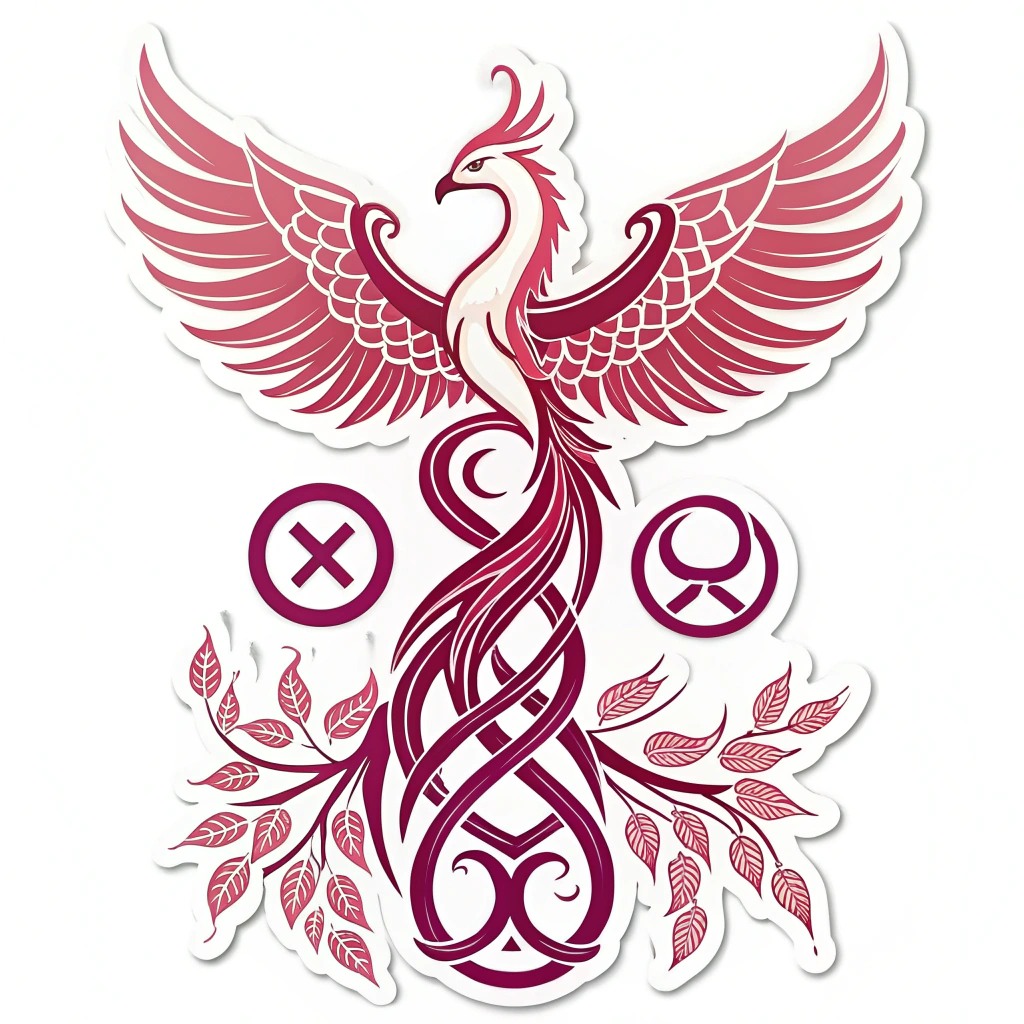 A logo featuring a phoenix made of intertwined female symbols (♀). The phoenix represents rising above challenges, while the intertwining symbolizes solidarity.