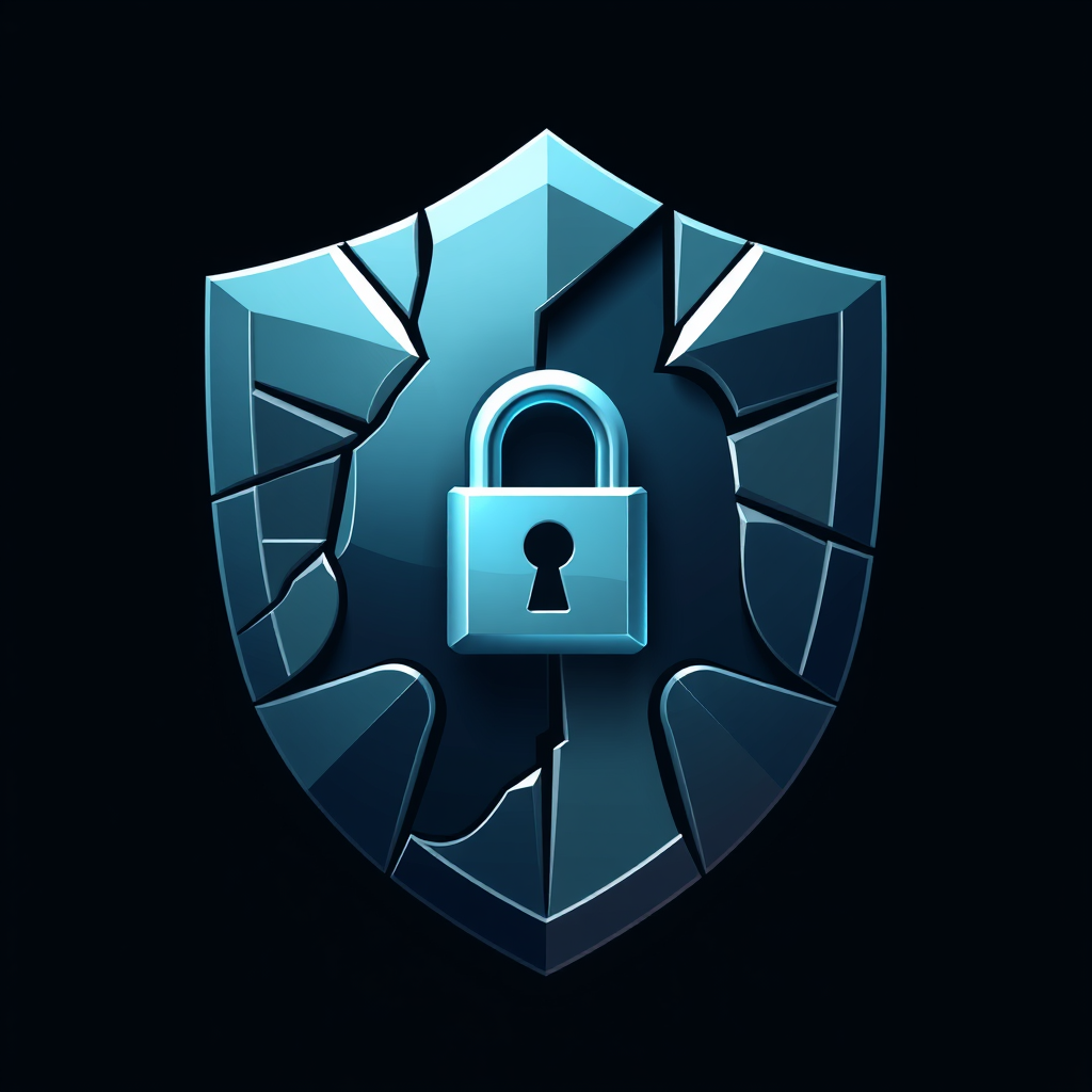 Fragmented Resilience Shield: A shield that appears to be made of multiple, interconnected geometric fragments, suggesting resilience against attacks, with a solid, modern lock symbol embedded within or emerging from the fragments to signify core security.