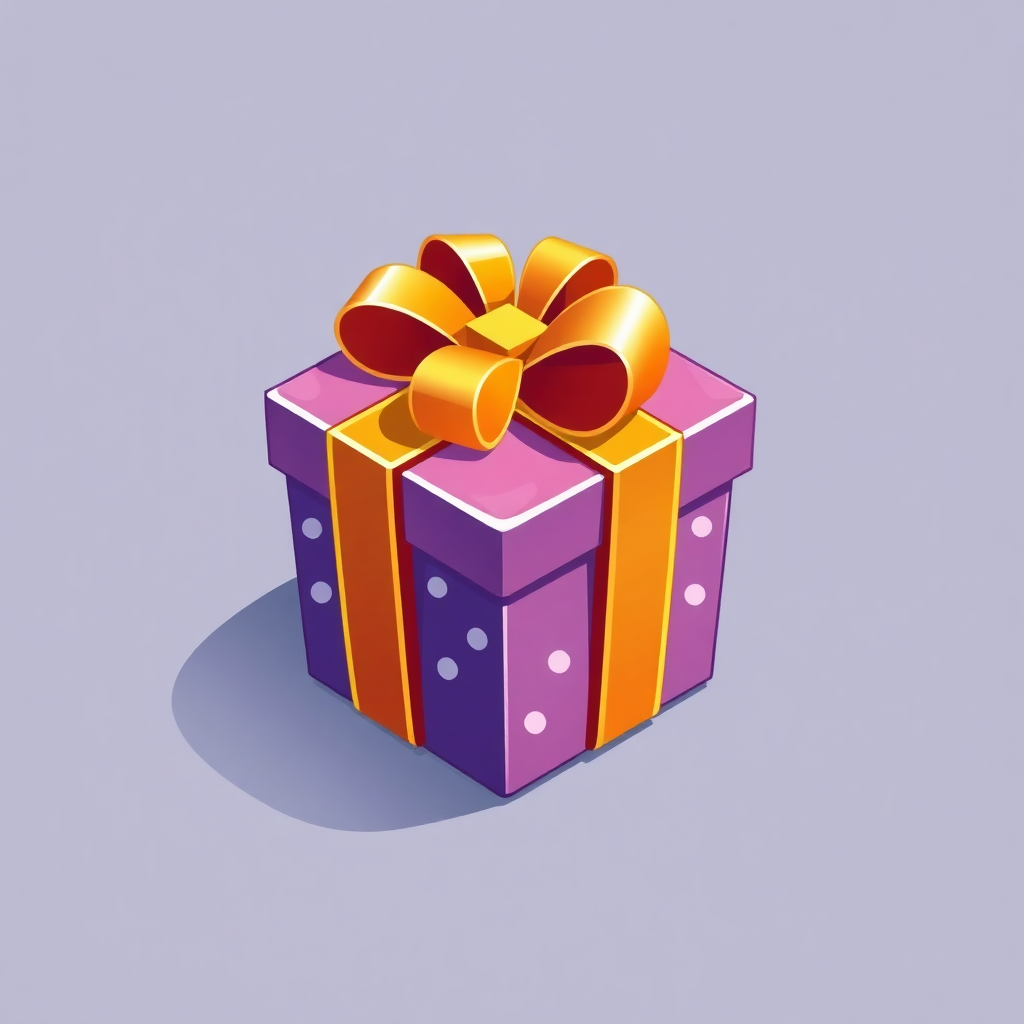 The image is a 3D illustration of a gift box. The box is rectangular in shape and has a purple base with white polka dots. It is tied with a bright orange ribbon that is tied in a bow at the top. The ribbon is curved and appears to be made of a shiny material. The background is a light purple color. The overall design is simple and minimalistic.