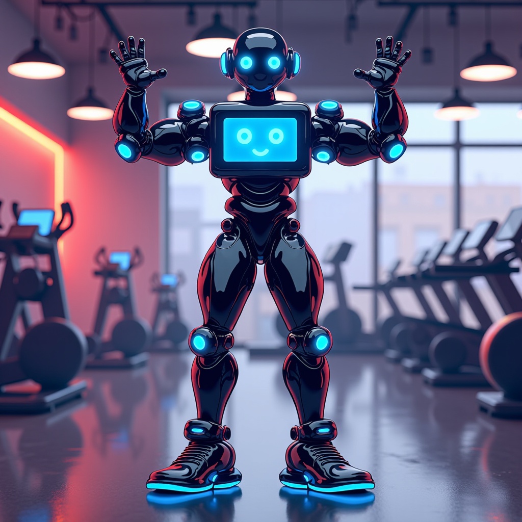  a robot standing in a gym with its arms raised in the air. The robot has a black body with blue lights on its head and arms. It has a big smiley face on its face and appears to be happy and excited. In the background, there are various exercise equipment such as treadmills, elliptical machines, and exercise balls. The gym has a high ceiling with hanging lights and a large window that lets in natural light. The overall mood of the image is cheerful and playful.