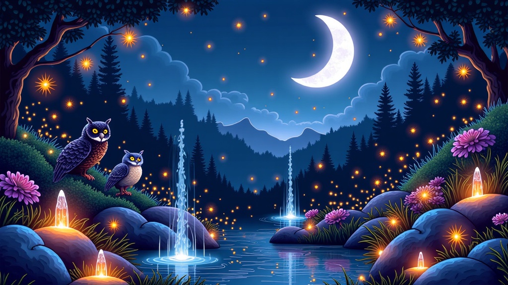Moonlit Menagerie Mystery: The garden depicted under a large, silvery crescent moon casting long, mysterious shadows. Flora includes night-blooming flowers like jasmine and moonflowers, alongside fantastical glowing fungi. Fauna are nocturnal and enchanting, such as owls with shimmering eyes, velvet-furred panthers with subtle patterns, and swarms of sparkling fireflies. Fountains are smaller, reflecting the moonlight, and partially hidden among the foliage.