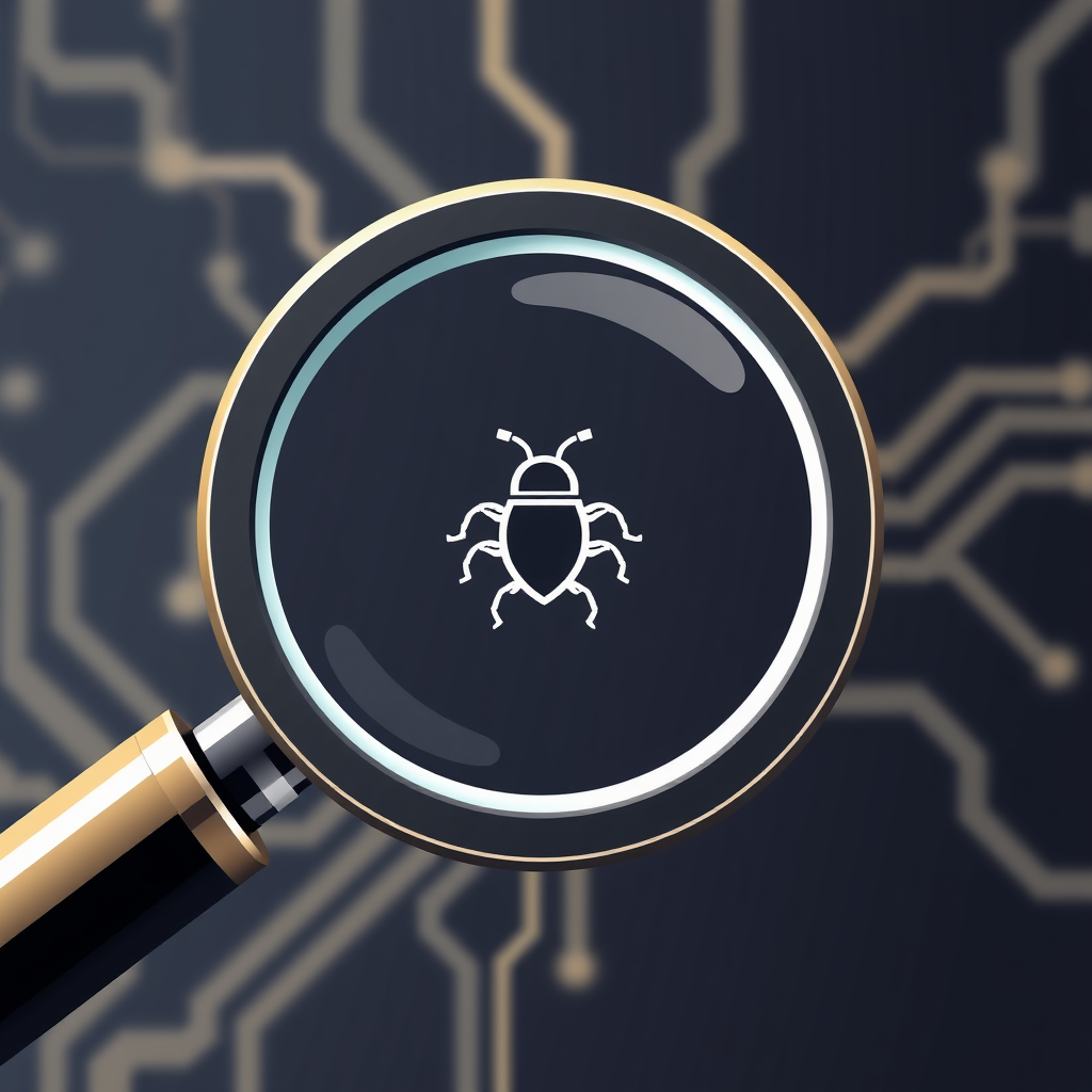 The handle of the magnifying glass morphs into or is stylized as a circuit trace or network path, leading to the lens which highlights a small, glitch-art style bug, signifying a detected software or network flaw.