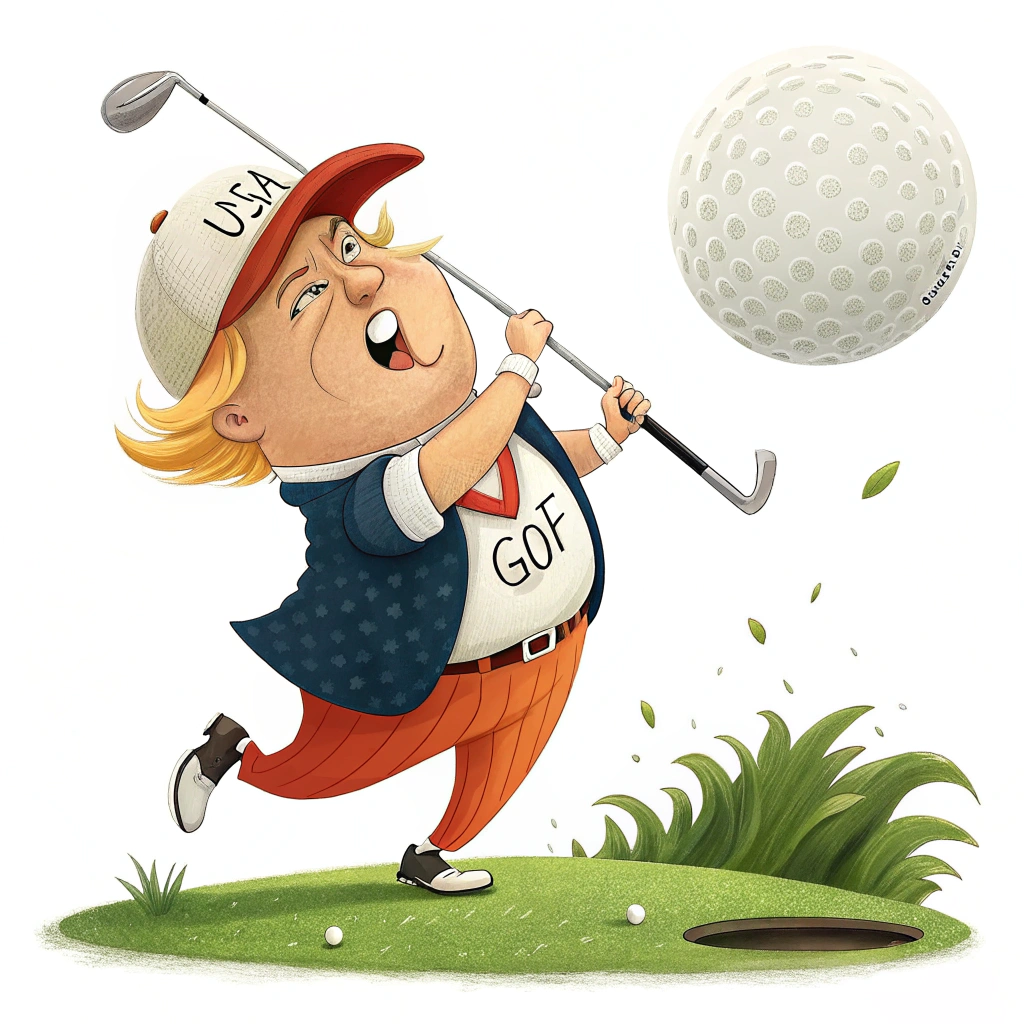 A playful cartoon version of Trump golfing, with a golf ball flying comically off-course.