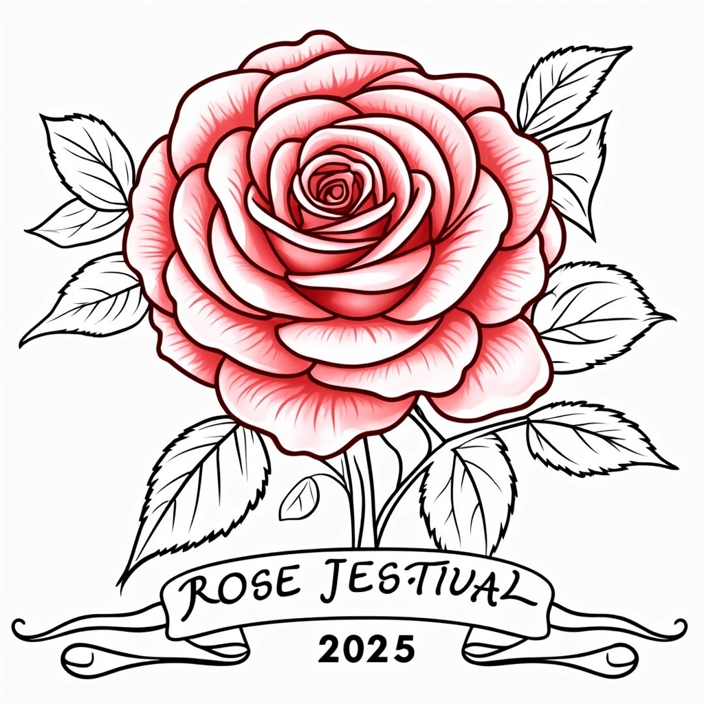 A detailed coloring page showcasing a close-up of a specific, named rose variety from the International Rose Test Garden, highlighting its unique petal structure and leaves, with a small banner for the 'Rose Festival 2025'.