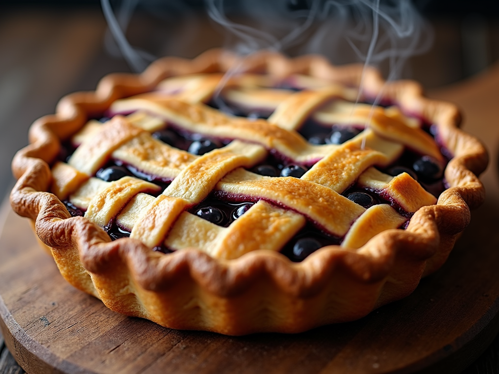 Close-up macro shot of a perfectly baked golden-brown lattice crust, covering the entire front of the T-shirt, with deep blue/purple blueberry filling peeking through the gaps. Subtle steam wisps could be added.