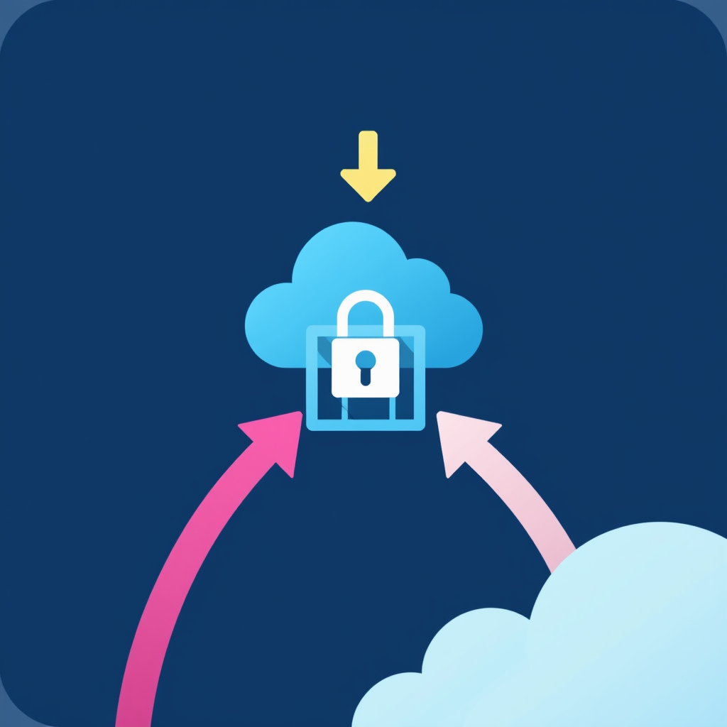 Arrows representing data flow (upload/download) passing through a security checkpoint symbol (like a stylized gate with a lock or a shield) before entering or exiting a cloud icon, illustrating secure data transmission pathways.