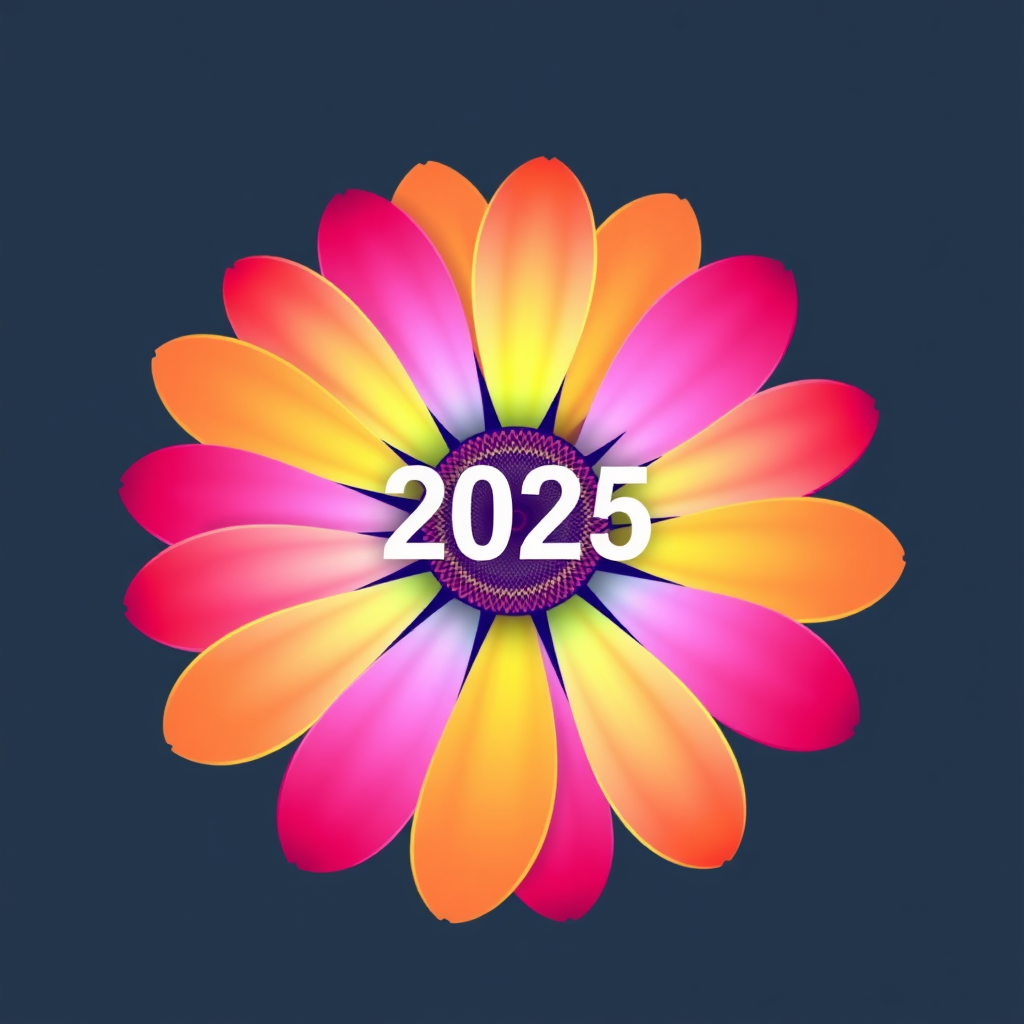 Prismatic Soundwave Petals: Daisy petals depicted as vibrant, stylized soundwaves, colored in a gradient spectrum. The 'pulse' is visualized as the ebb and flow of these waves. '2025' integrated into the rhythm of the waves or in a dynamic typeface reflecting the pulse.