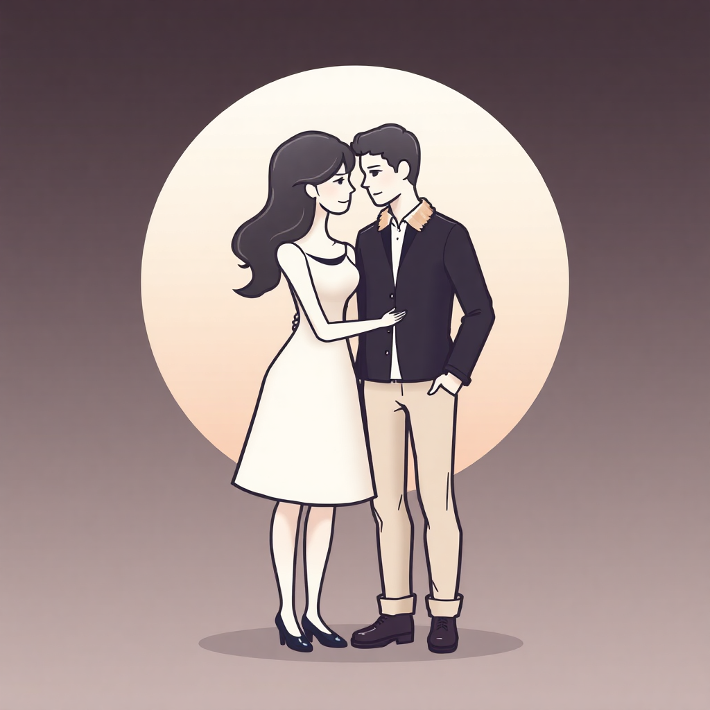 The image shows a cartoon of a man and woman standing next to each other in front of a full moon. The man is wearing a suit and the woman is wearing footwear.