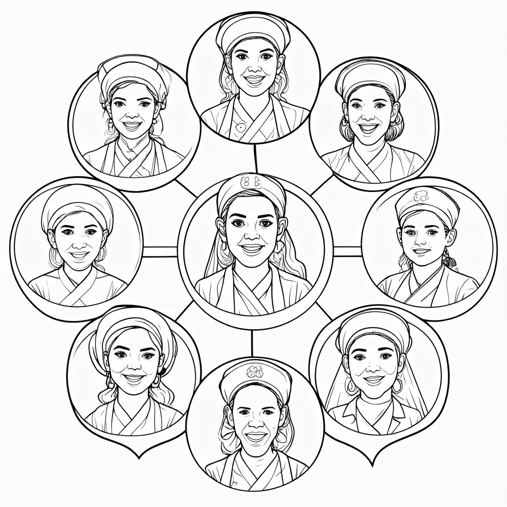 Global Nurses Portrait: A collage-style page showcasing head-and-shoulder portraits of multiple diverse nurses, each smiling, framed in interconnected circles or heart shapes. This emphasizes the global and interconnected nature of the nursing profession and their happiness in their role.