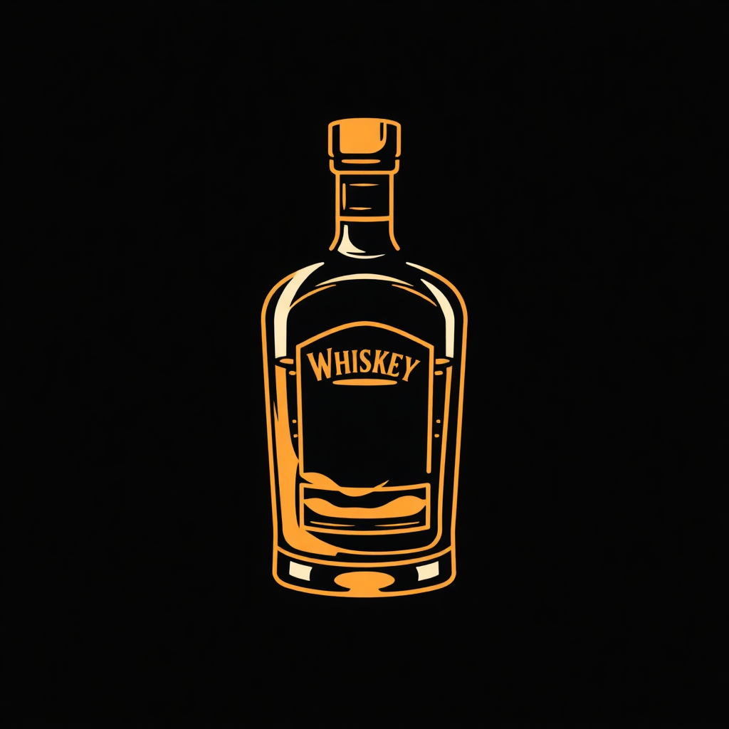 The image is a graphic illustration of a bottle of whiskey. The bottle is made of glass and has a cork stopper on top. The label on the bottle is orange in color and has the word WHISKEY written in bold white letters. The background is black, making the bottle stand out. The illustration is simple and minimalistic, with no other elements in the image.