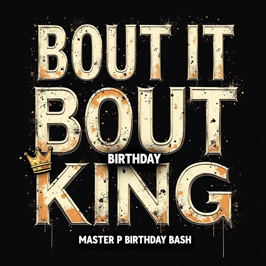A typography-focused design where 'BOUT IT BOUT IT' is the largest element in a powerful, possibly distressed or stencil font. 'BIRTHDAY KING' integrated below or within it, perhaps with a small, simple crown icon. 'Master P Birthday Bash' included as a tagline or event detail.