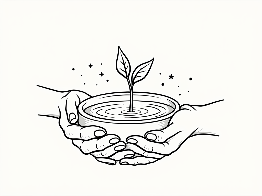 Line art of cupped hands gently holding a pool of water from which a small, detailed seedling (representing forest growth) is sprouting. The lines for water should be fluid and clear.