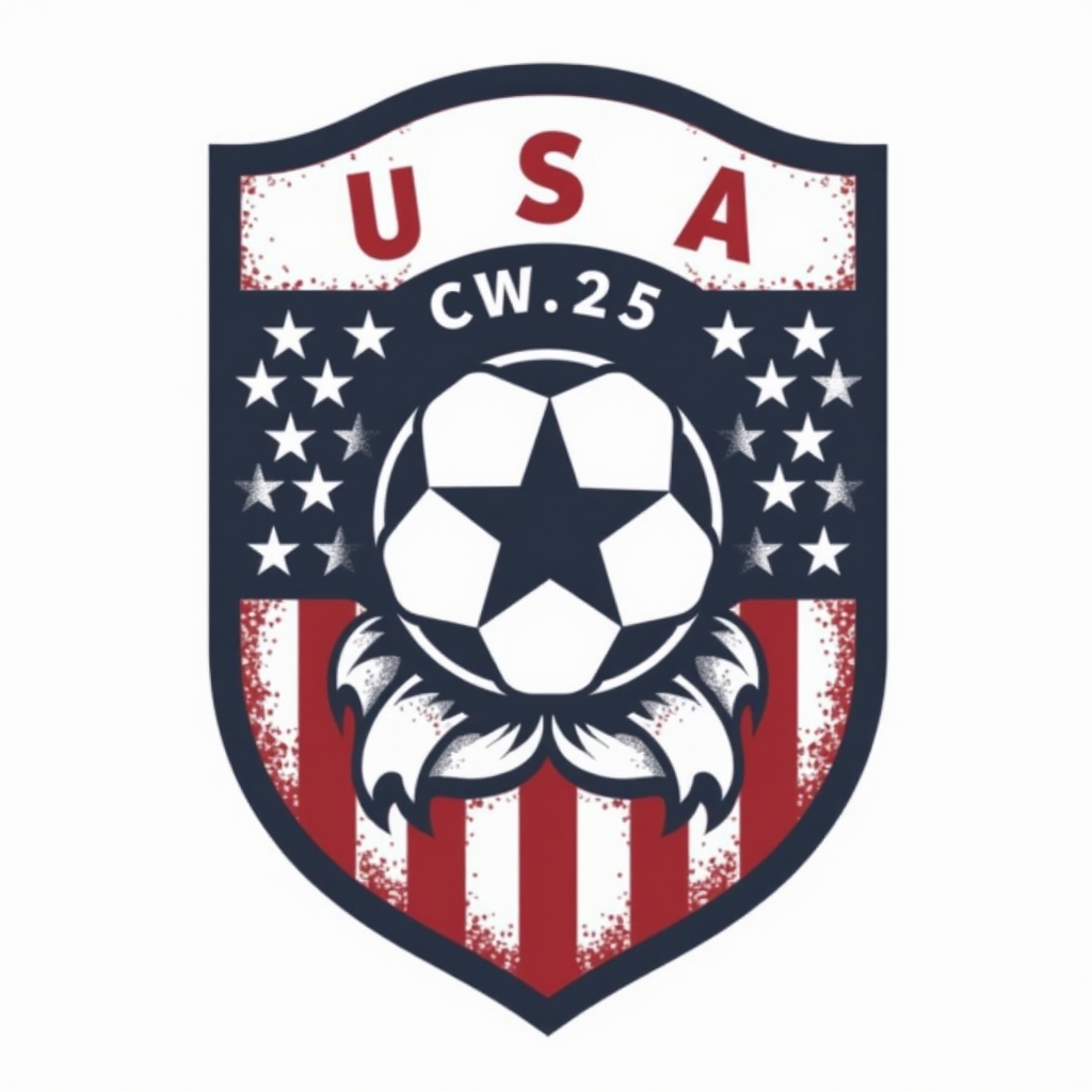 Simple Icon Idea for T-Shirt Element: A versatile icon incorporating a shield or circular badge. Within the badge, a classic soccer ball pentagon/hexagon pattern is combined with a bold American star (single or multiple, reminiscent of the flag). The text 'USA '25' or 'CWC 25' could be integrated within or around the badge. This icon is suitable for a chest emblem, sleeve detail, or as a subtle repeating pattern element on apparel.