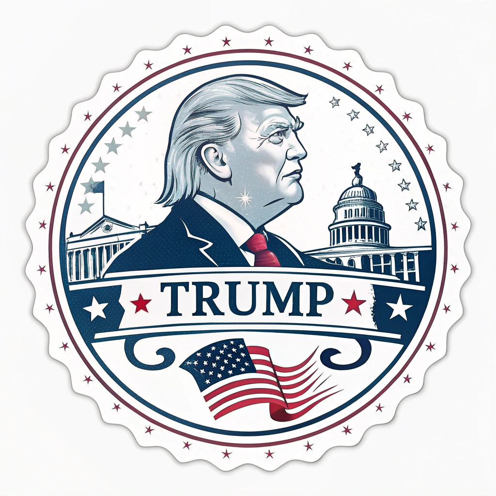 A sticker displaying the presidential seal with a slight twist, perhaps incorporating Trump's name or a slogan associated with him, while still being respectful of the original design.