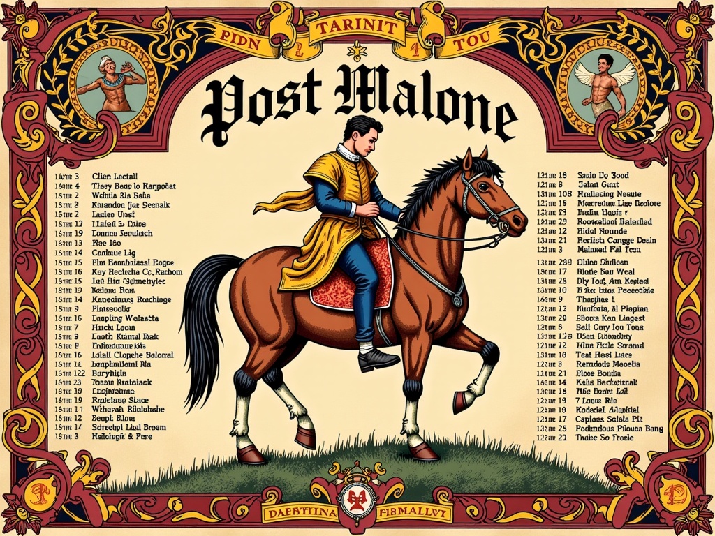 A tour poster designed as an ancient tapestry or a royal decree scroll. It would feature Post Malone in medieval attire, possibly on horseback, with intricate borders and calligraphy for the tour dates and locations. Heraldic symbols representing Post Malone could be woven into the design.