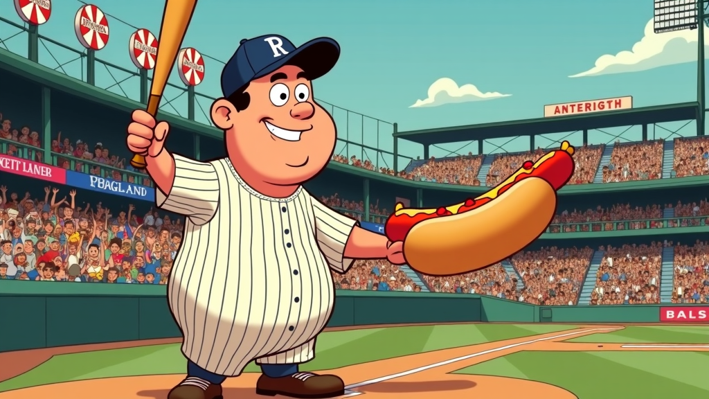 The Homerun Feast: Cartoon Babe Ruth hitting a giant hot dog instead of a baseball out of the park. Spectators cheer with their own hot dogs, and the bat might be a sausage or hot dog bun.