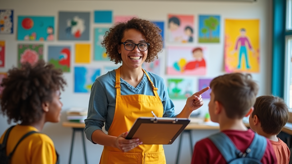 A teacher of arts prepares students for a school exhibition, holding a clipboard with a schedule. The studio buzzes with creativity, displaying a variety of student artworks strung along the walls.