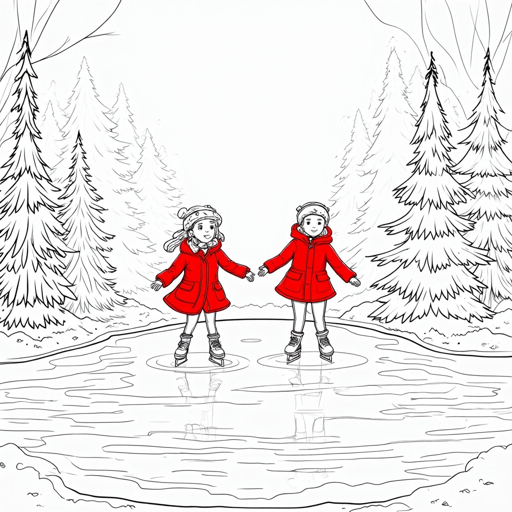 A pair of ice skaters spinning gracefully on a frozen pond, surrounded by snow-covered trees. They wear matching red jackets, and their breath creates small puffs of mist in the cold air. The reflection of their movements is perfectly mirrored on the ice.