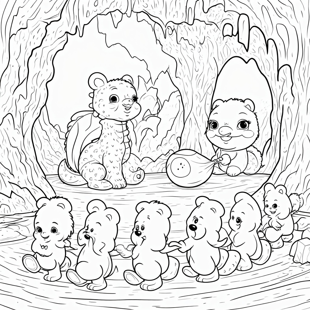 A Gummy Bear Dragon's Lair adventure where gummy bears embark on a gentle quest to visit a friendly, colorful dragon in a cave filled with sparkling jelly beans and rock candy crystals, offering the dragon a giant gummy treat.