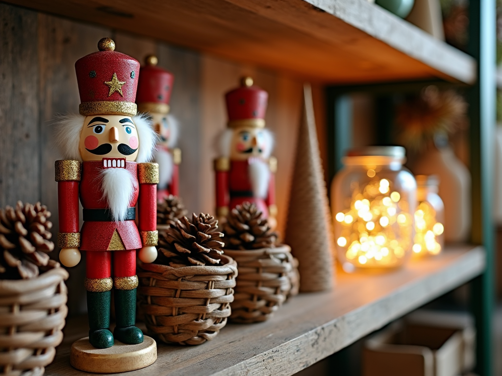 A Christmas-themed shelf display featuring an assortment of holiday trinkets, including nutcrackers, small woven baskets filled with pinecones, and glass jars with fairy lights, adding charm to the living space.